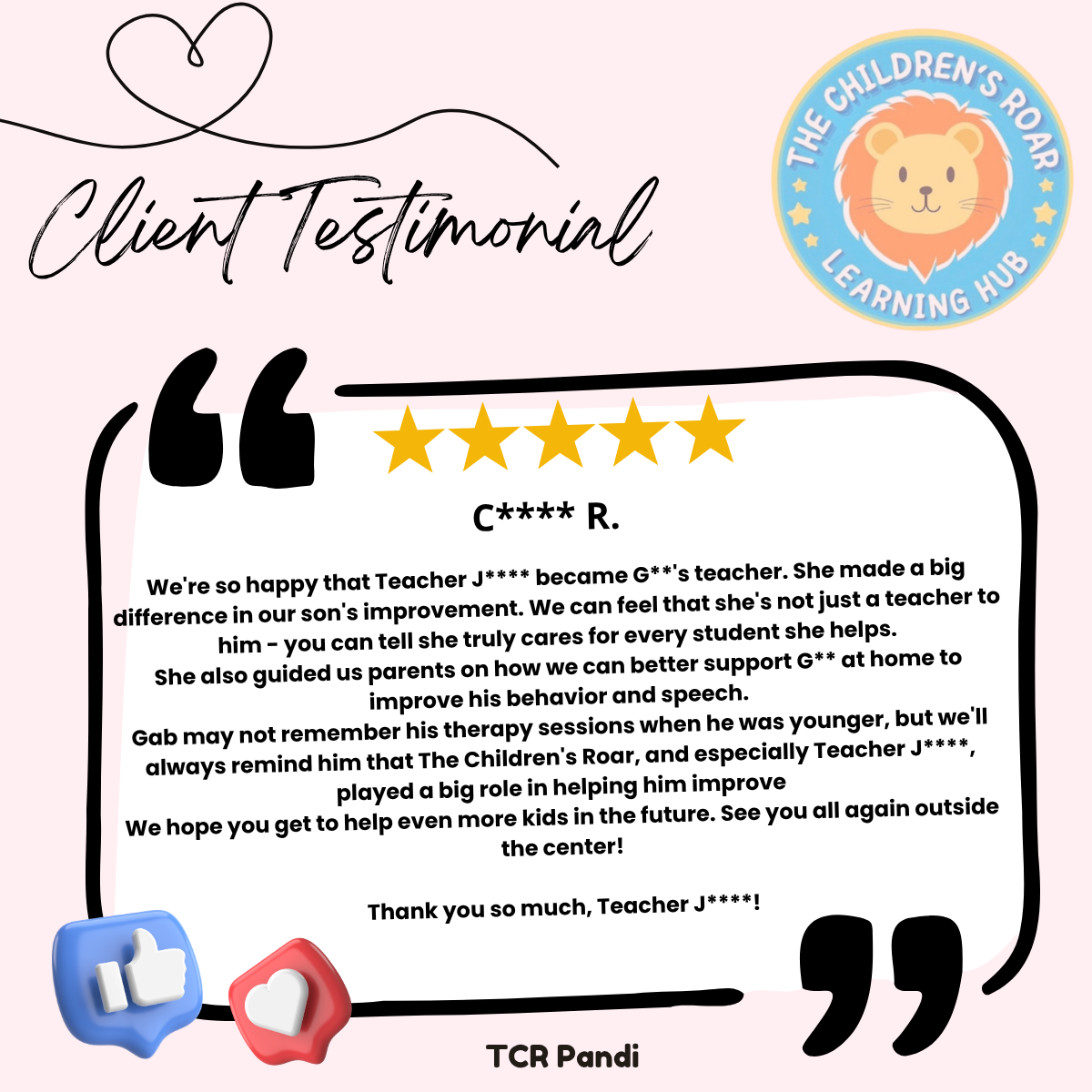 Parent feedback for The Children's Roar - Pandi